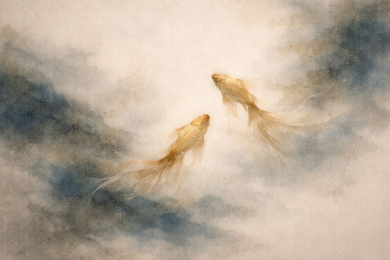 Ethereal watercolor-style illustration of two golden fish gracefully swimming toward one another in a misty, tranquil space, symbolizing the subtle nature of comparison and jealousy, and the Buddhist teaching of finding harmony through self-awareness and inner contentment.