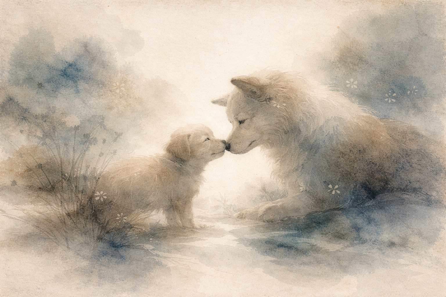 子犬と成犬が鼻を寄せ合う様子を描いたやさしい水彩風イラスト。思いやりや共感、そして仏教の慈悲に通じる静かな優しさを象徴している。