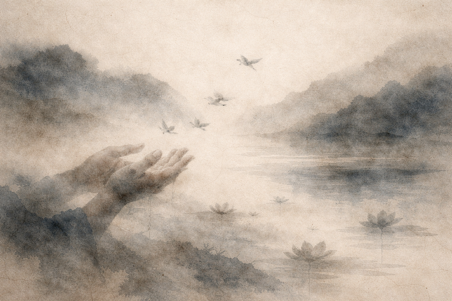 Soft watercolor-style illustration of open hands releasing birds into a misty lakeside landscape with lotus flowers, symbolizing letting go of the past and embracing freedom through Buddhist wisdom.