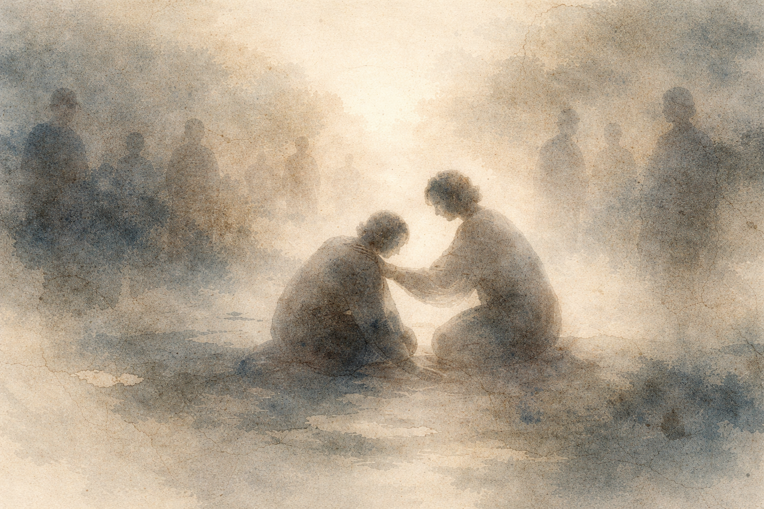 Soft watercolor-style illustration of one person gently comforting another who is kneeling, surrounded by faint silhouettes of others in the background, symbolizing compassion as a quiet yet powerful response to suffering and the Buddhist teaching that kindness toward others is also a path to inner peace.