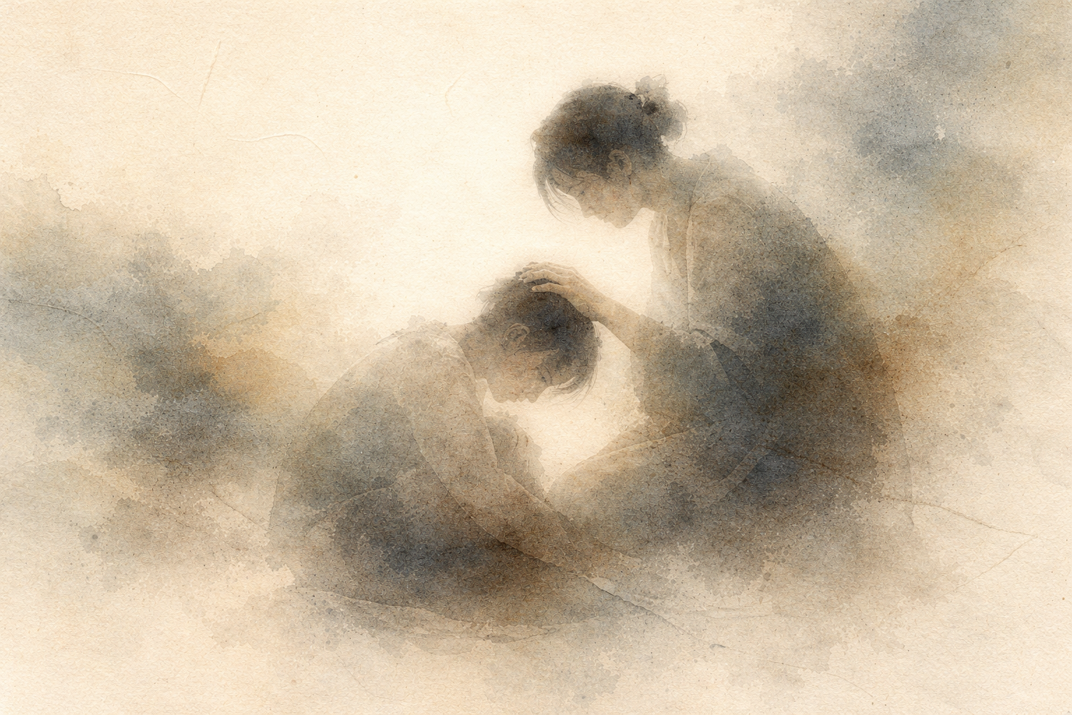 Soft watercolor-style illustration of one person gently placing a comforting hand on another’s head as they sit together in quiet stillness, symbolizing compassionate love without attachment and the Buddhist teaching of caring deeply while allowing freedom.