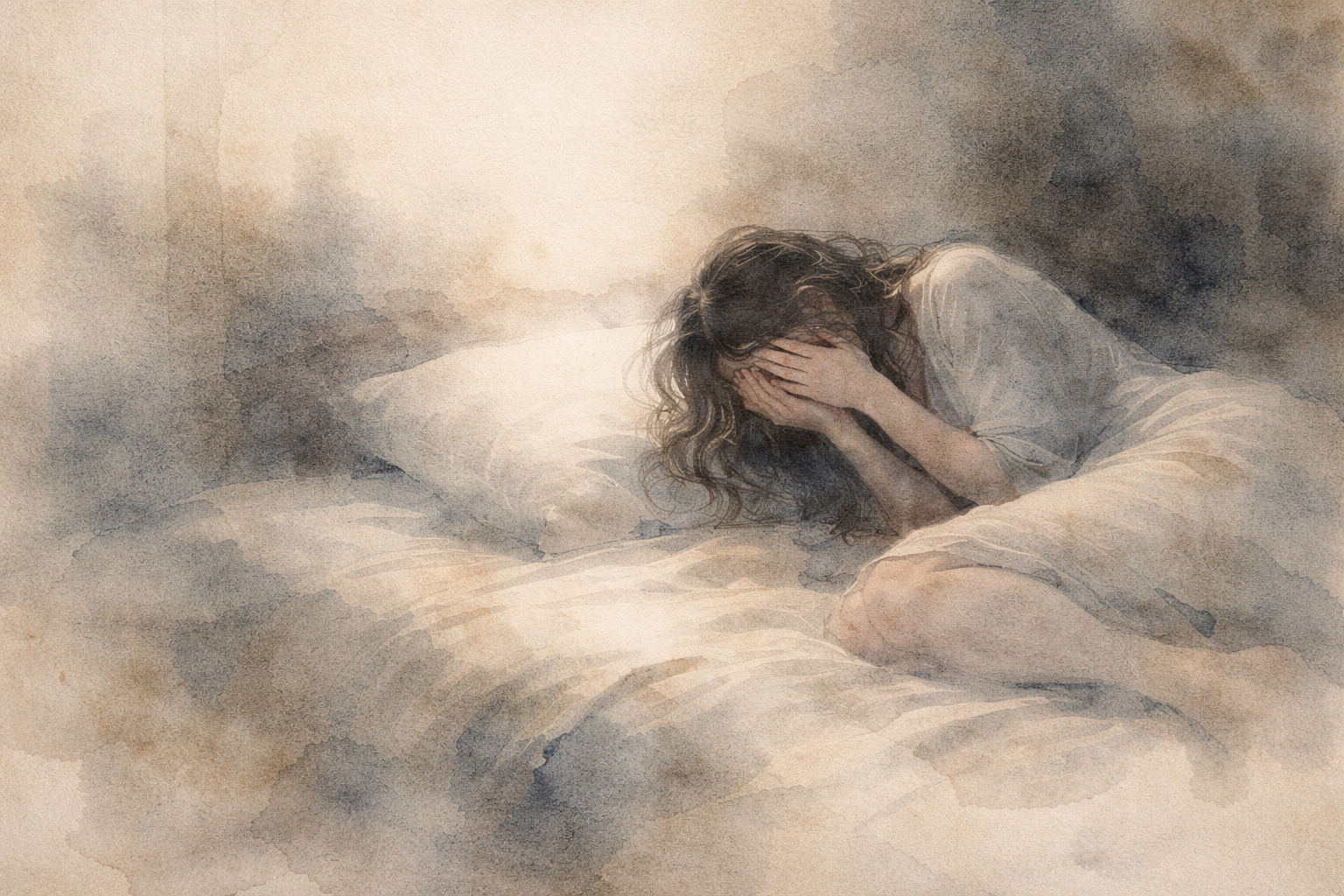 ベッドに座り顔を手で覆う人物を描いたやさしい水彩風イラスト。困難な時期における忍耐、そして思いやりと回復力をもって苦しみに向き合う仏教の理解を象徴している。