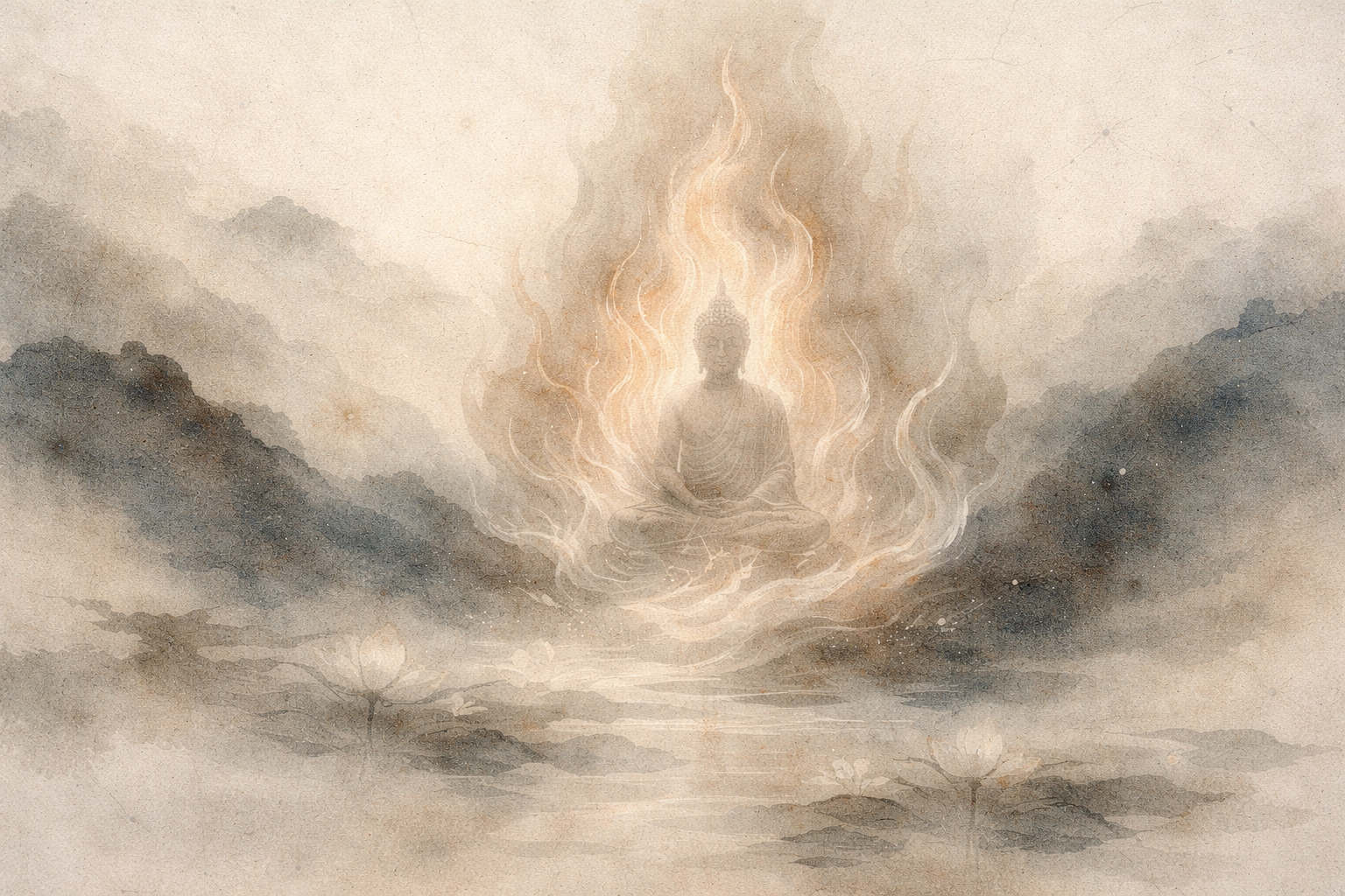 Radiant watercolor-style illustration of a meditating Buddha surrounded by gentle flames, symbolizing resilience, inner strength, and transformation through Buddhist wisdom.