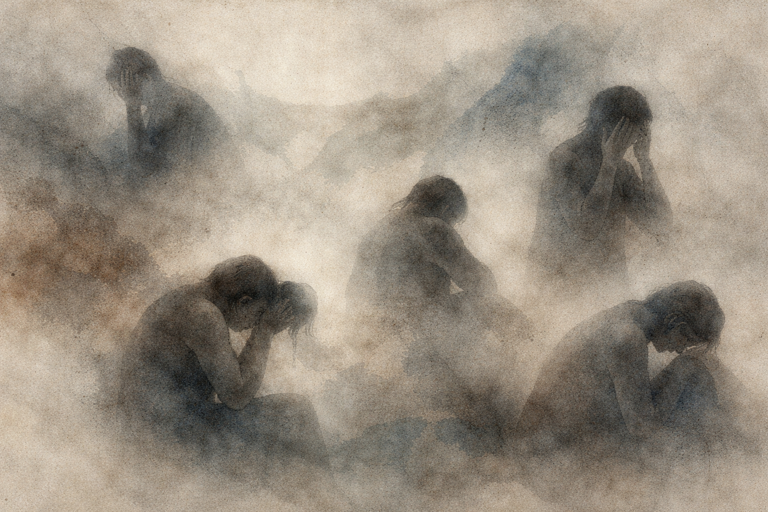 霧に包まれた空間の中で、頭を抱えたり静かに座ったりする複数の人物を描いた落ち着いた水彩風イラスト。苦しみは人に共通する経験であり、その理解が智慧と慈悲への第一歩であるという仏教の教えを象徴している。