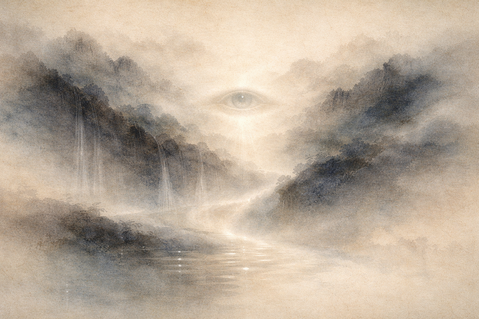 Ethereal watercolor-style illustration of a serene eye appearing within a misty mountain landscape with a flowing waterfall, symbolizing wisdom, insight, and the path toward enlightenment in Buddhist teachings.