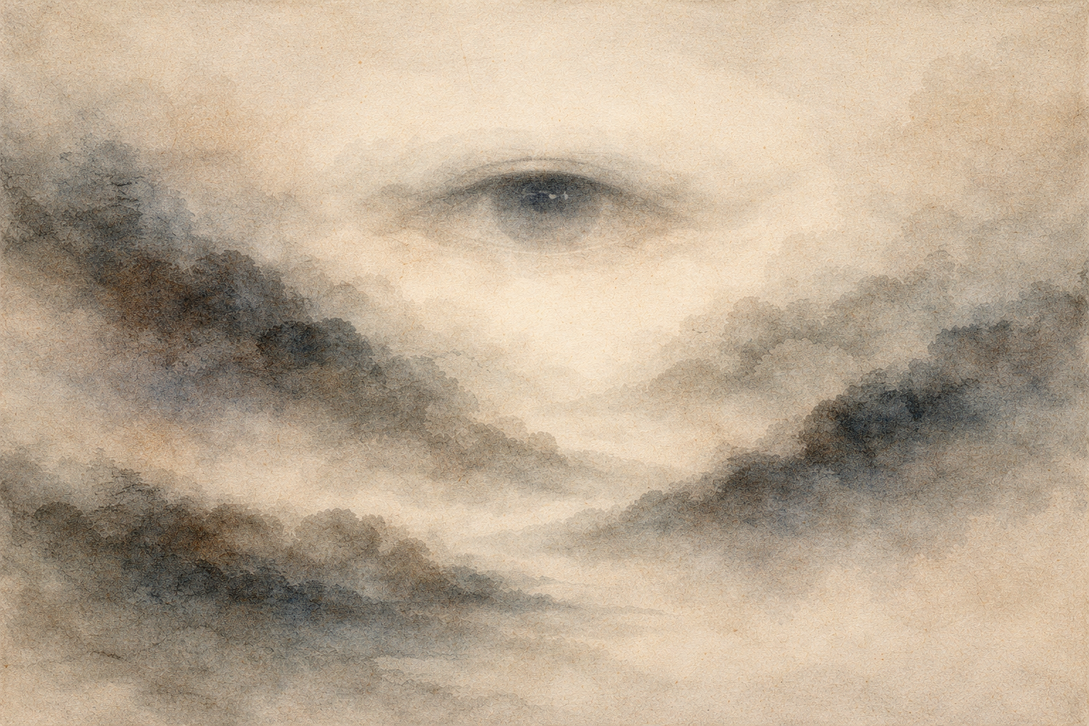 Soft watercolor-style illustration of a single eye gently emerging from a misty mountain landscape, symbolizing quiet wisdom found in everyday awareness and the Buddhist teaching that true understanding develops through observing ordinary life with clarity, patience, and presence.