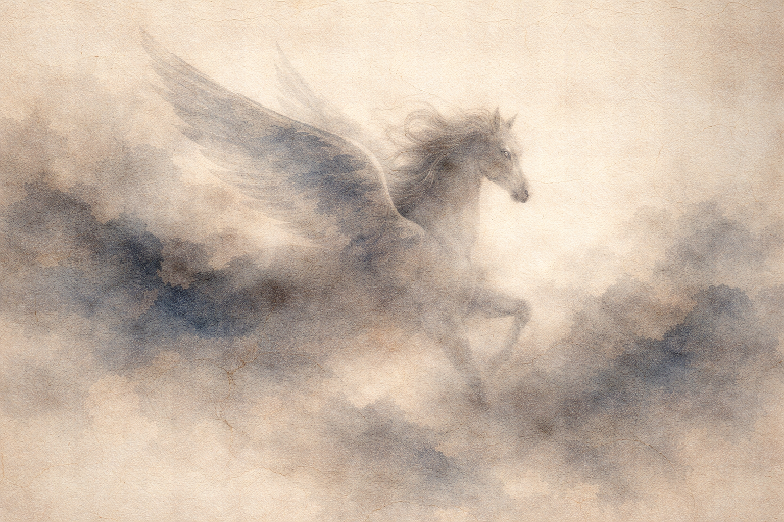 Ethereal watercolor-style illustration of a winged horse emerging from soft mist, symbolizing transcendence beyond identity and the Buddhist teaching of the illusory nature of the self.