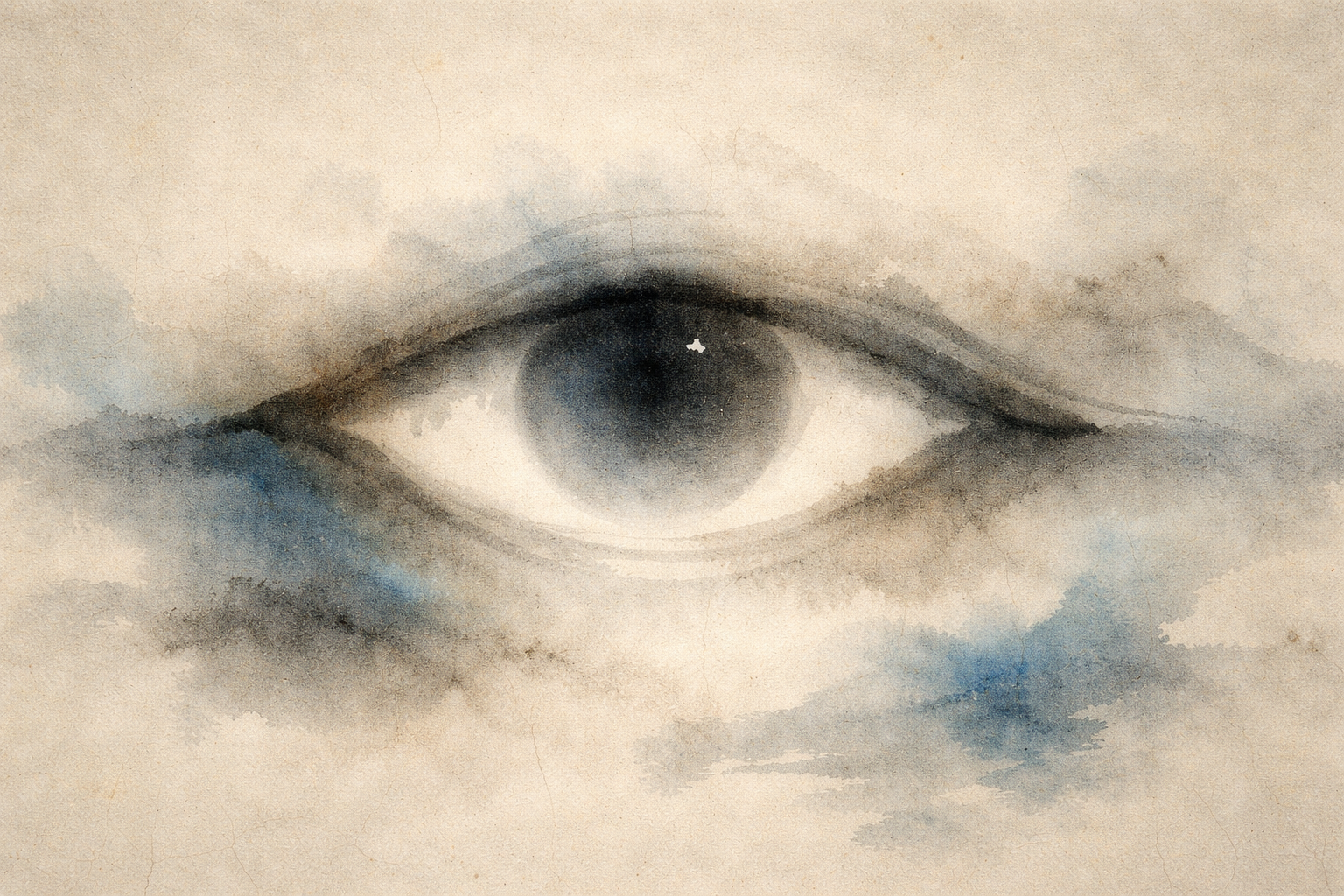 Minimal watercolor-style illustration of a calm eye emerging through soft mist, symbolizing awareness, perception, and the Buddhist insight into the nature of the mind.
