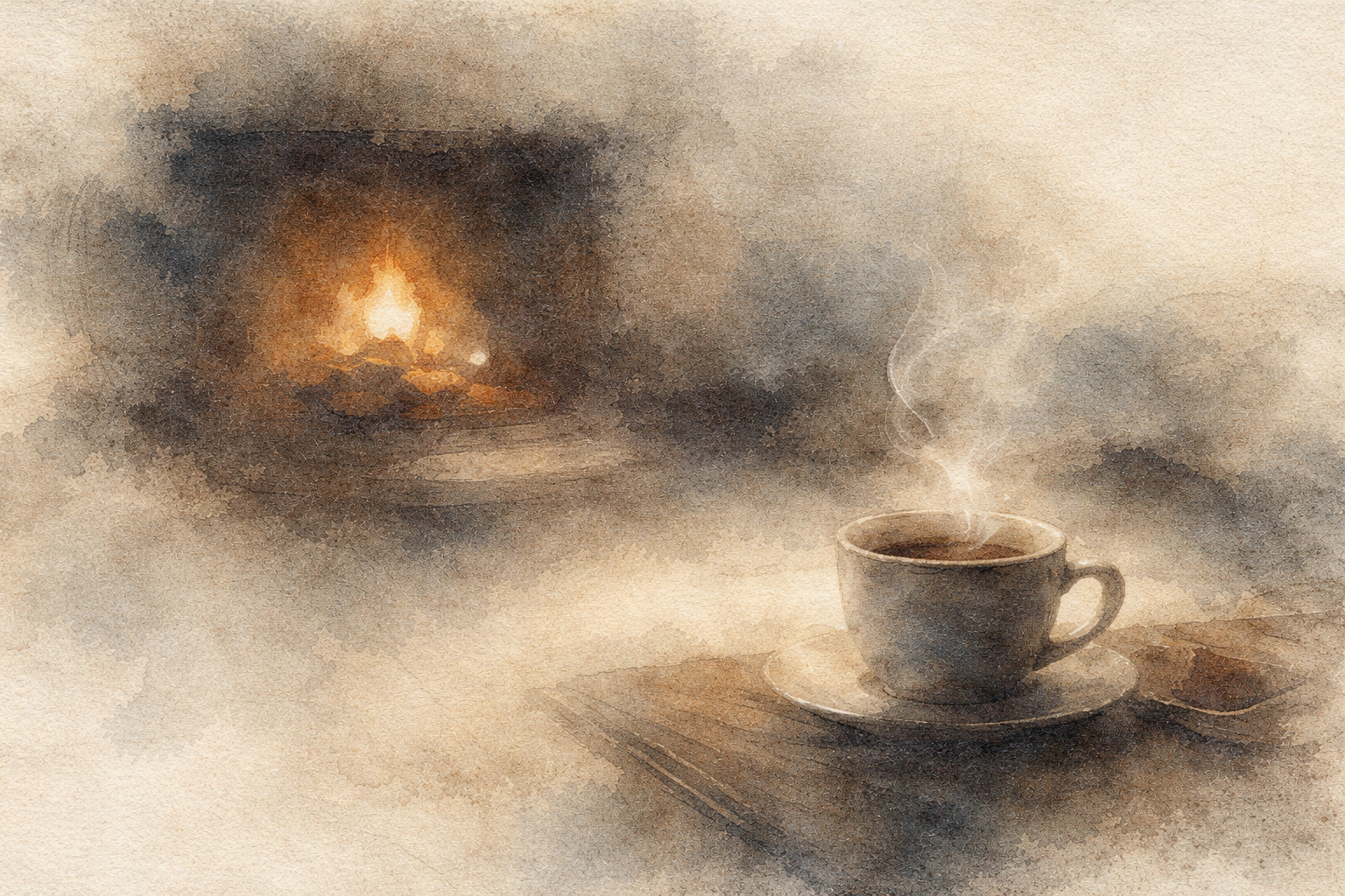 暖炉のやさしい灯りのそばで湯気の立つ一杯の茶を描いた水彩風イラスト。仏教における悟りへの道は特別な出来事ではなく、穏やかな心、忍耐、そして日々の静かな実践によって形づくられることを象徴している。