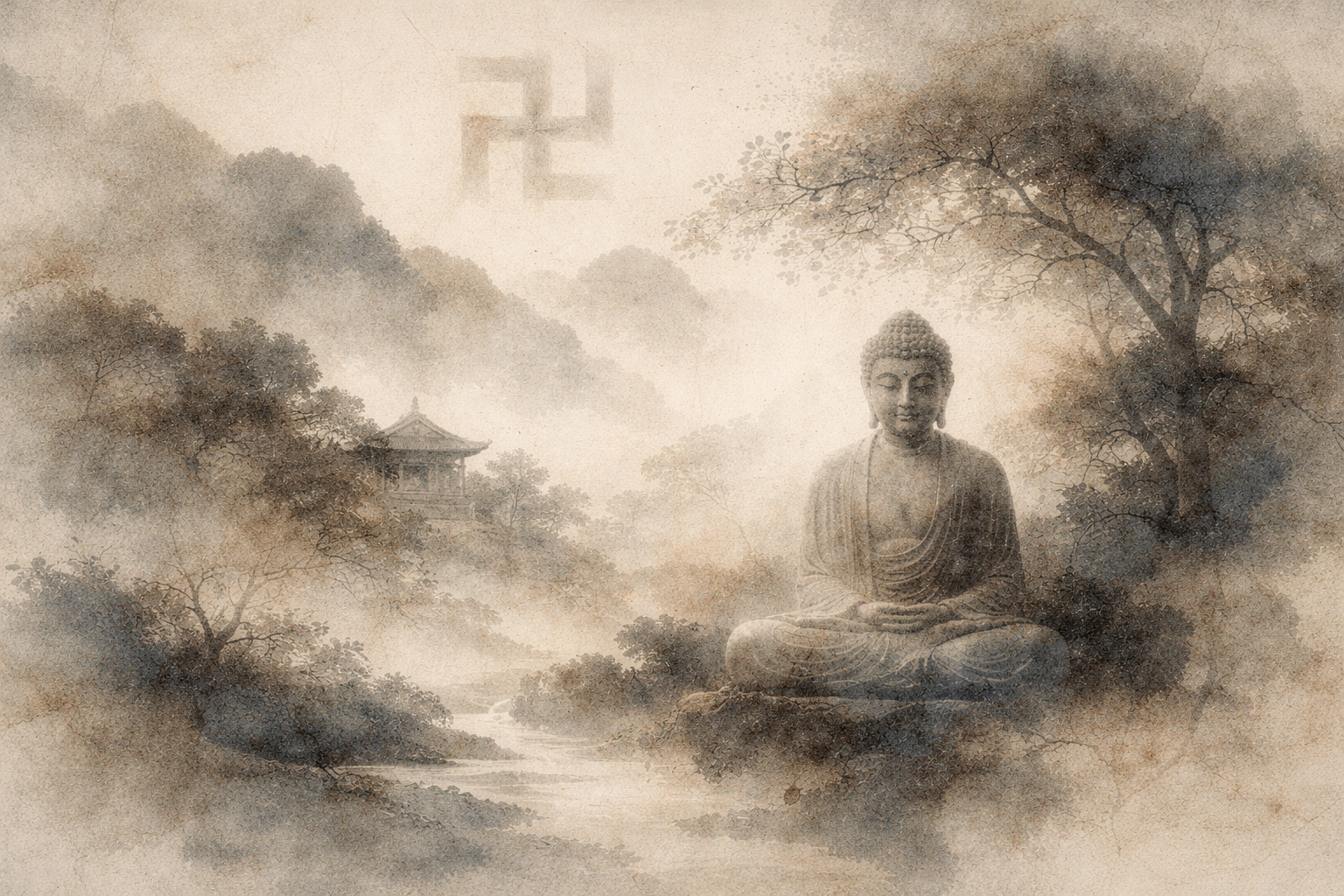 Watercolor-style illustration of a serene Buddha seated in meditation within a misty natural landscape, with a traditional temple in the distance and a subtle Dharma wheel symbol appearing softly in the sky. The peaceful composition reflects the theme of Buddhist symbols and their meanings, representing wisdom, enlightenment, and the path toward inner awakening.
