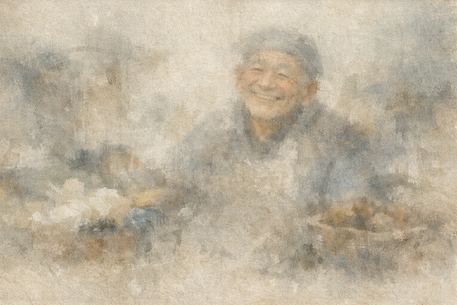 穏やかな表情の年配の人物が、静かな空間で料理を用意したり分かち合ったりしている。喪失のあとにも続く愛や感謝、思い出の温かさを表している。