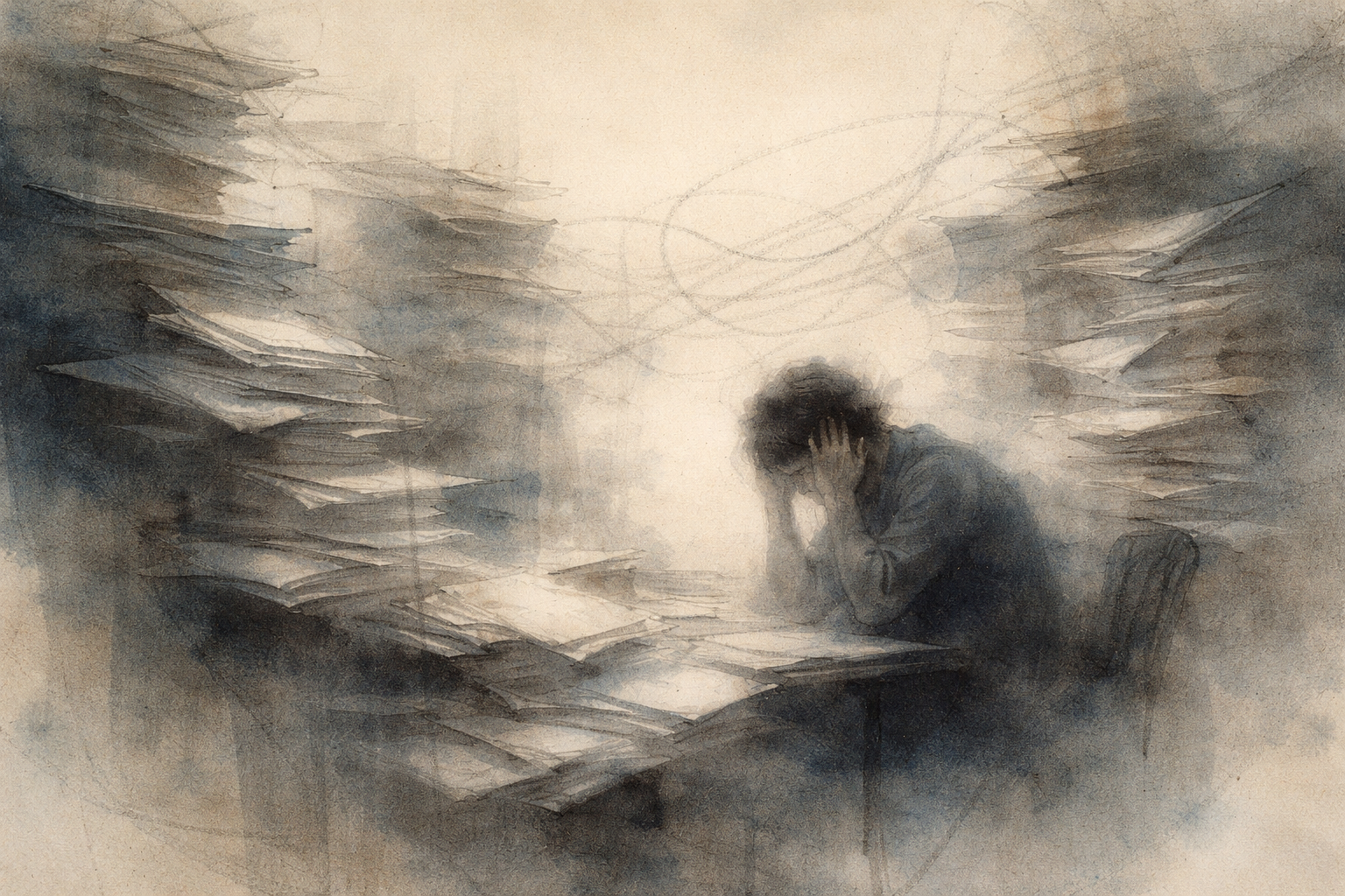 An overwhelmed worker sitting at a desk surrounded by towering stacks of papers, head in hands—capturing the weight of career anxiety and mental pressure.