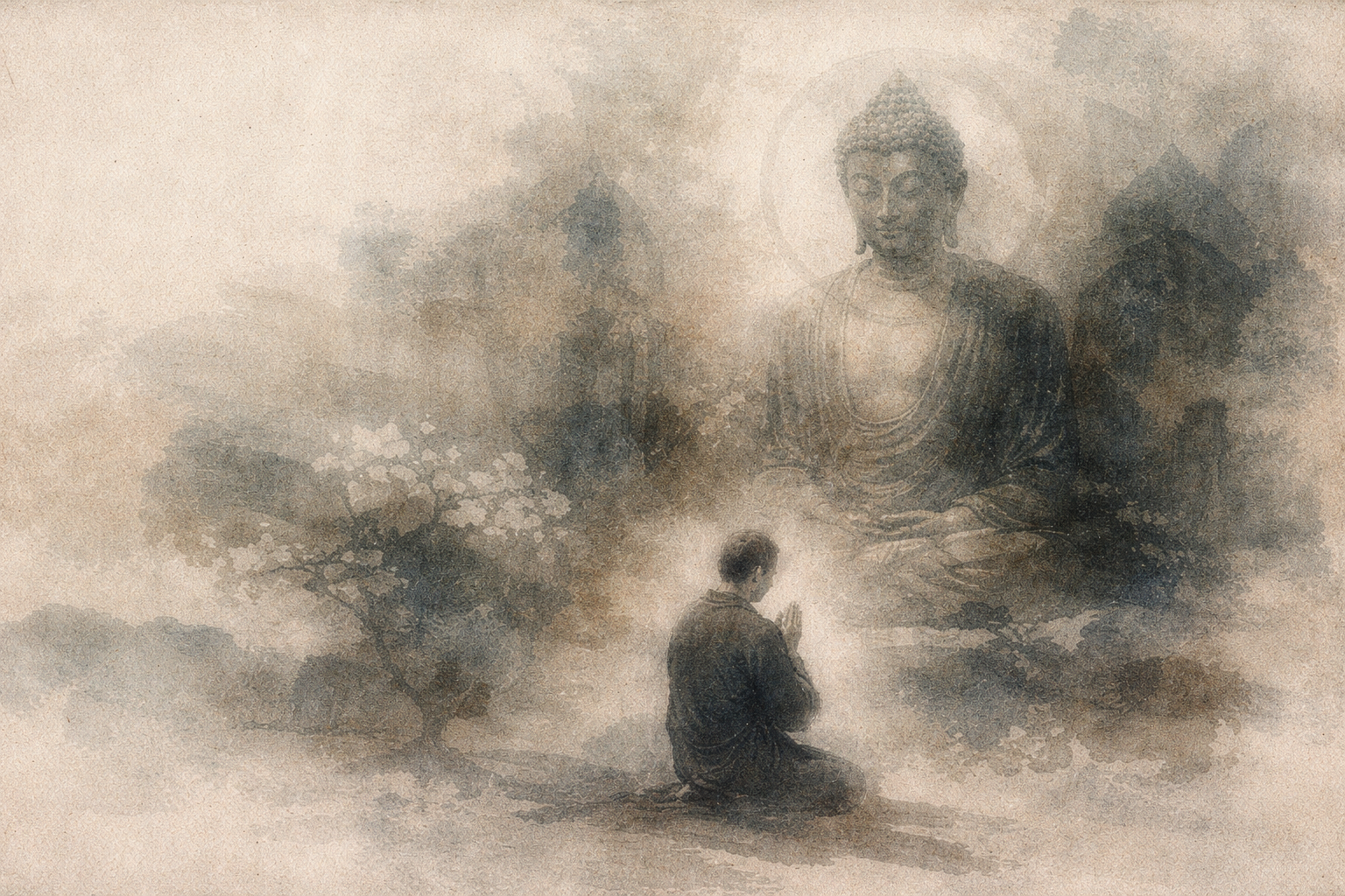 A person kneeling in quiet contemplation before a serene Buddha figure emerging from soft mist, symbolizing the possibility that Buddhist wisdom and mindful awareness can help bring clarity and calm amid the overwhelm of digital life.