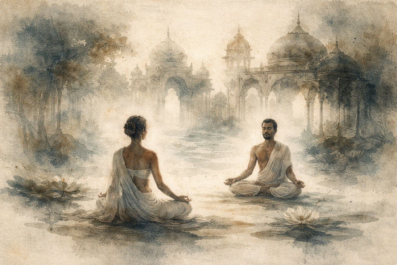 Two people sitting in meditation facing each other in a tranquil misty setting with lotus flowers and temple architecture, symbolizing calm awareness and the potential of meditation to ease insomnia.