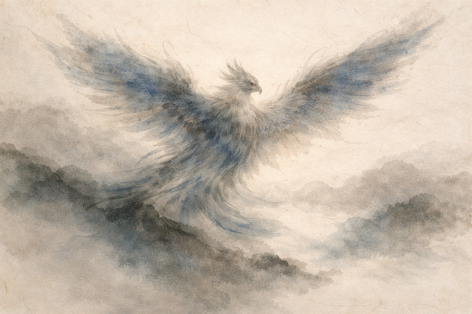 A soft watercolor-style illustration of a bird in mid-flight with wings fully extended above misty mountains, symbolizing freedom, openness, and the possibility of engaging in chanting without fixed beliefs.