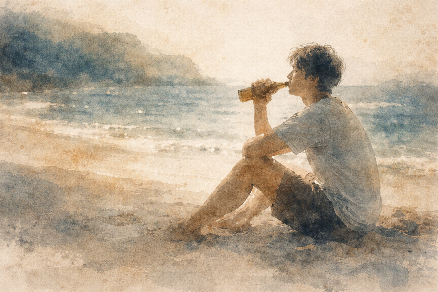 海を見つめながら飲み物を手に静かに座る人物。個人の選択と気づきについての内省を象徴し、仏教における飲酒とマインドフルネスの関係を示している。