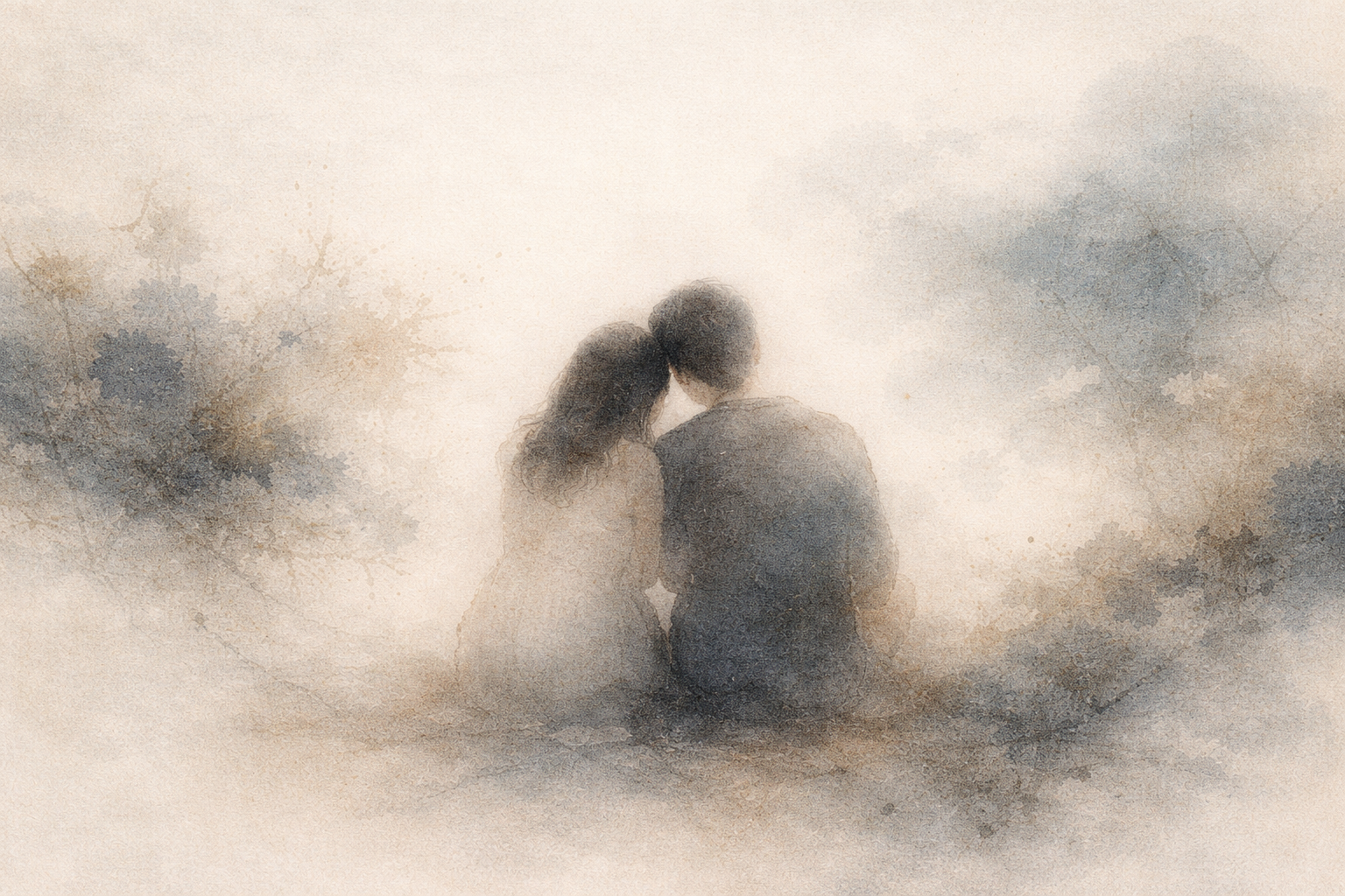 A couple sitting closely together in a soft, hazy landscape, leaning gently into one another—suggesting intimacy rooted in calm presence rather than grasping.