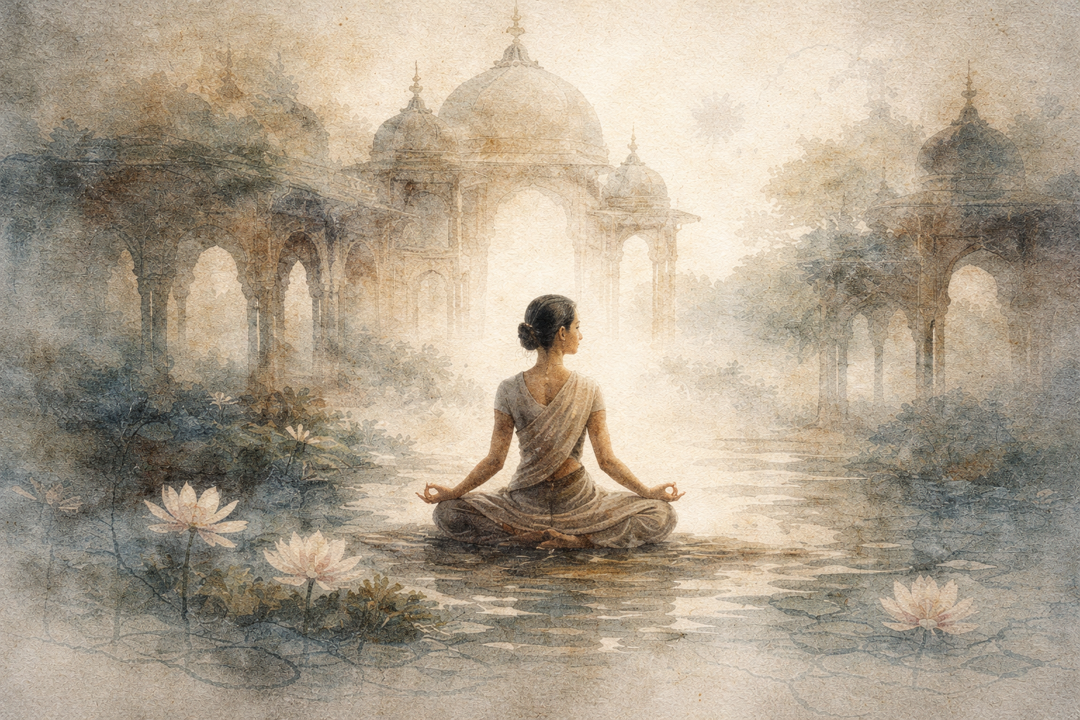 A calm watercolor scene of a person meditating alone in a lotus position by a reflective pool, surrounded by soft lotus flowers and ancient temple arches, symbolizing a quiet, direct path of Buddhist practice without reliance on rituals.