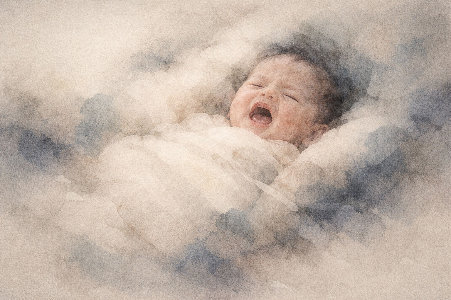 A watercolor-style illustration of a baby crying while wrapped in soft blankets, surrounded by gentle clouds of muted colors, expressing vulnerability and the need for compassionate care.