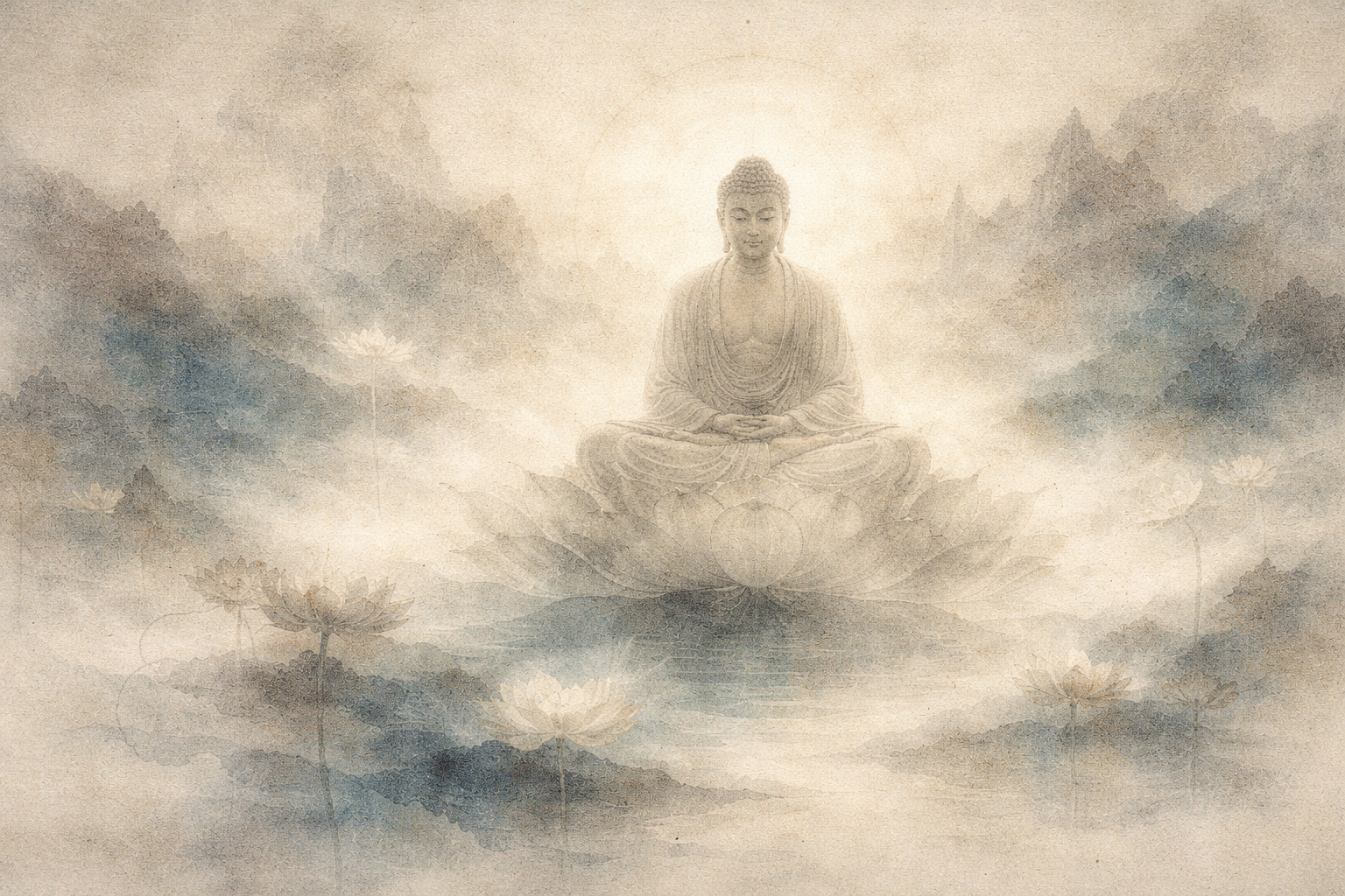A soft watercolor-style illustration of a serene Buddha seated in meditation on a lotus, surrounded by misty mountains and blooming lotus flowers, symbolizing clarity, reverence, and the deeper understanding of what it means to “pray” in Buddhism.