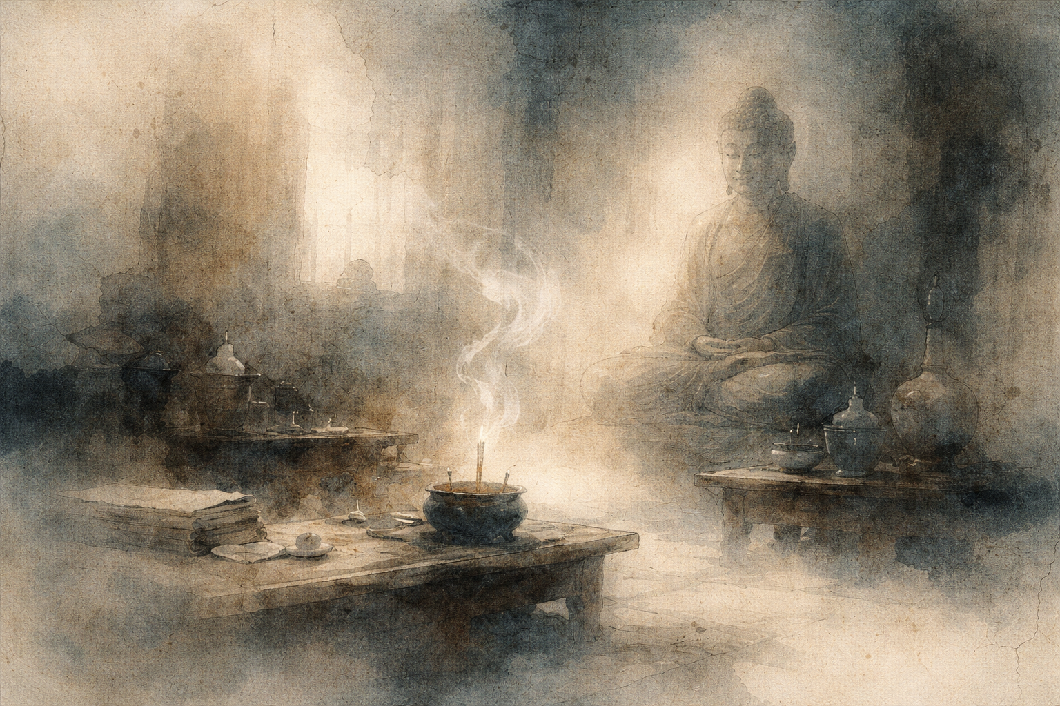 A soft, atmospheric watercolor scene of a simple indoor Buddhist altar with incense smoke rising gently, a seated Buddha figure in the background, and quiet ritual objects arranged on wooden tables, symbolizing contemplation and the question of whether a physical altar is necessary for practice.