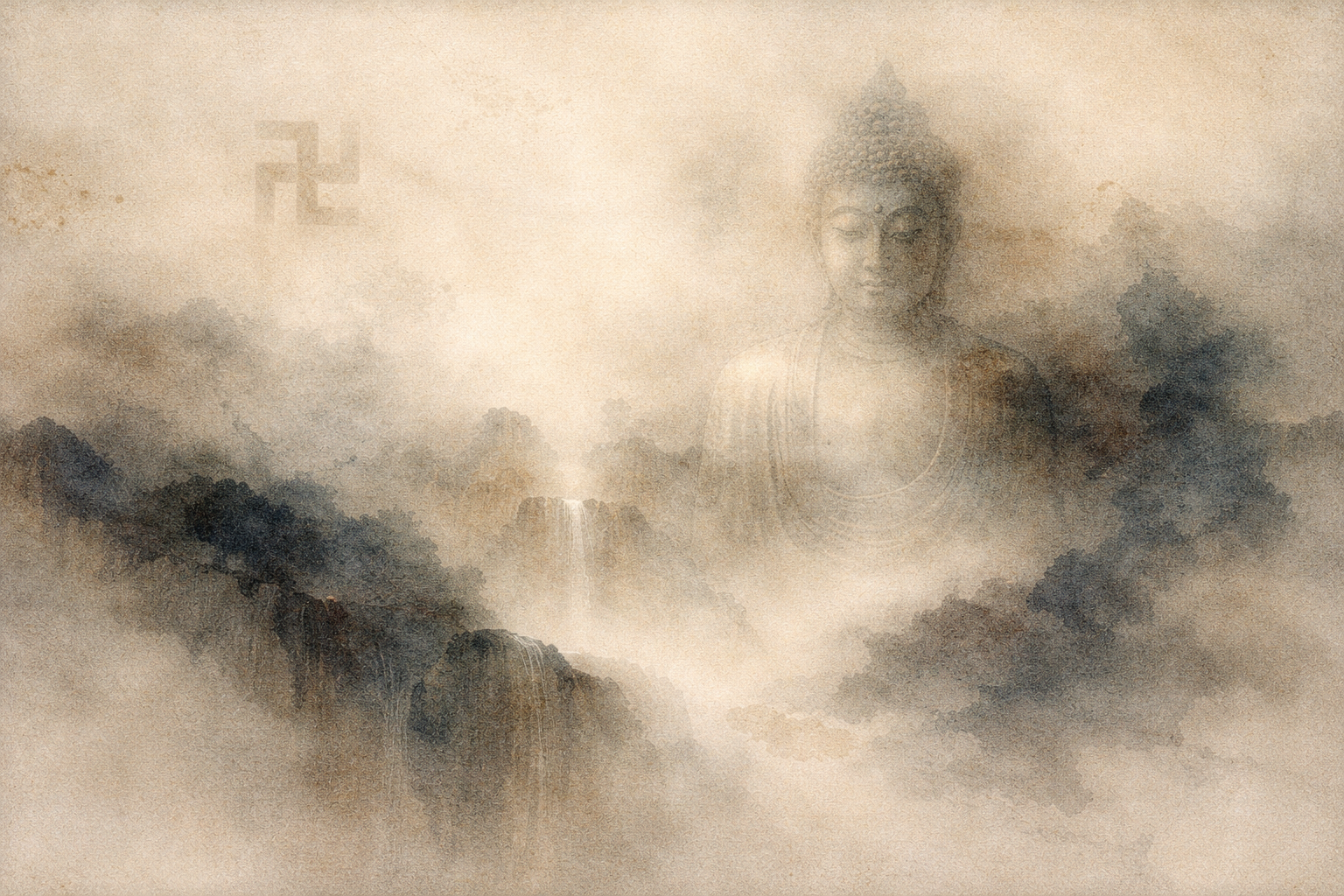 Serene watercolor-style illustration of a Buddha figure emerging softly from mist above a tranquil landscape, symbolizing timeless wisdom and the enduring guidance of famous Buddha teachings.