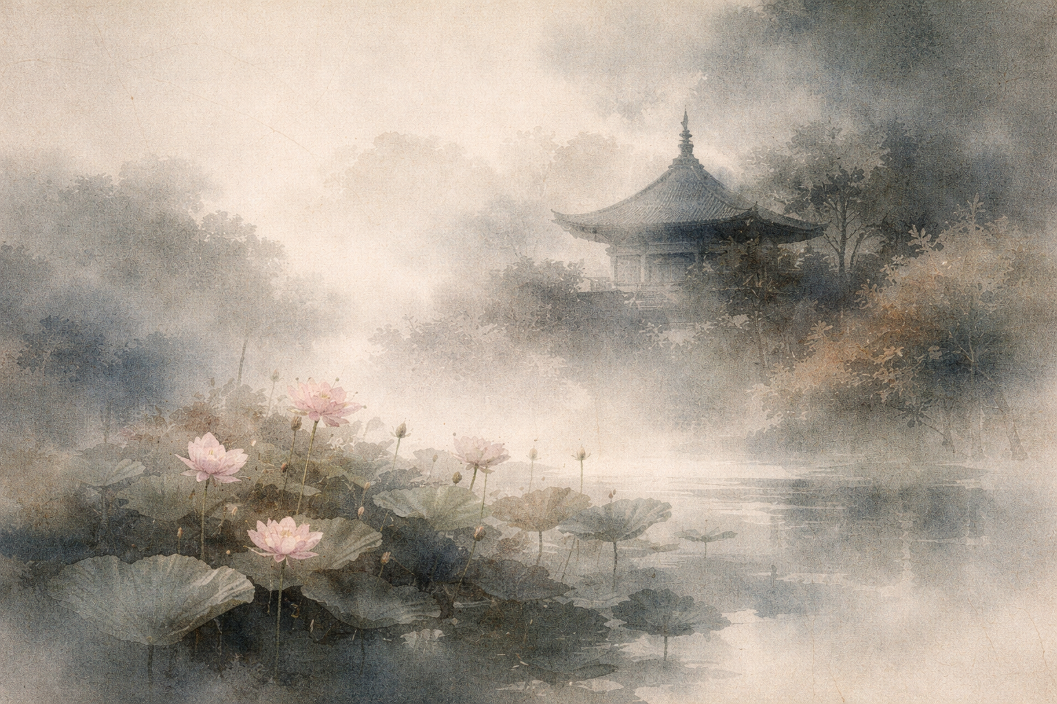 霧に包まれた寺院を背景に、水面に咲く蓮の花。仏教が日本文化にゆっくりと溶け込み、美意識や儀礼、日常生活に影響を与えてきたことを象徴している。
