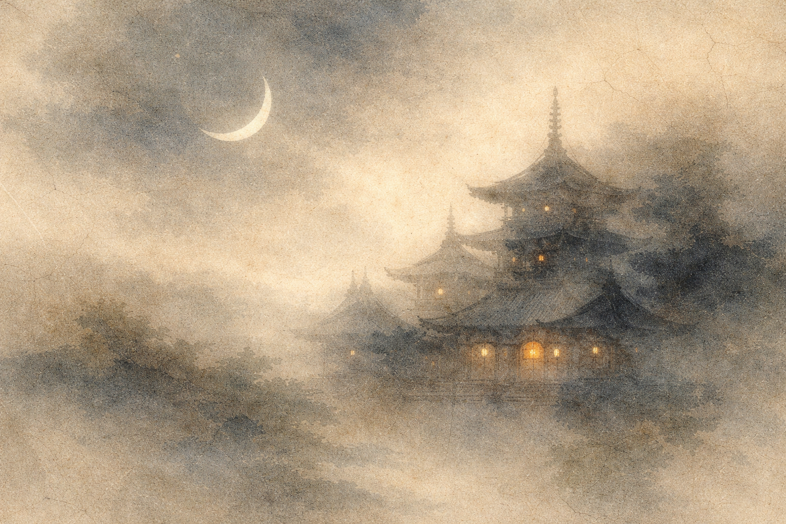 三日月の下で灯りがともる東アジアの寺院群が霧の中に浮かぶ風景。中国から朝鮮半島、そして日本へと広がった仏教の伝播を象徴している。