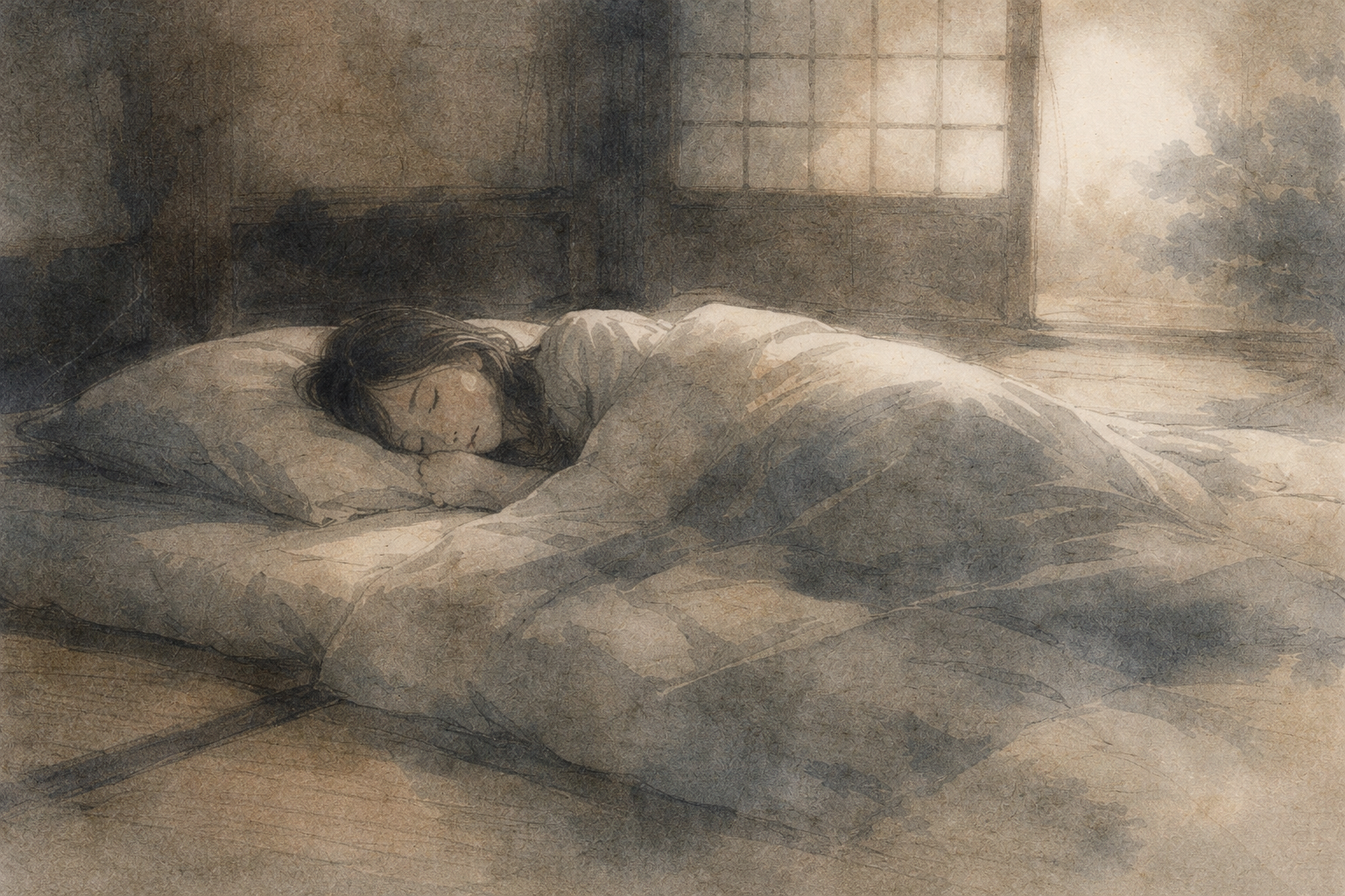 A person lying on a futon in a softly lit room, wrapped in blankets and resting deeply—symbolizing exhaustion, emotional fatigue, and the quiet need for restoration.