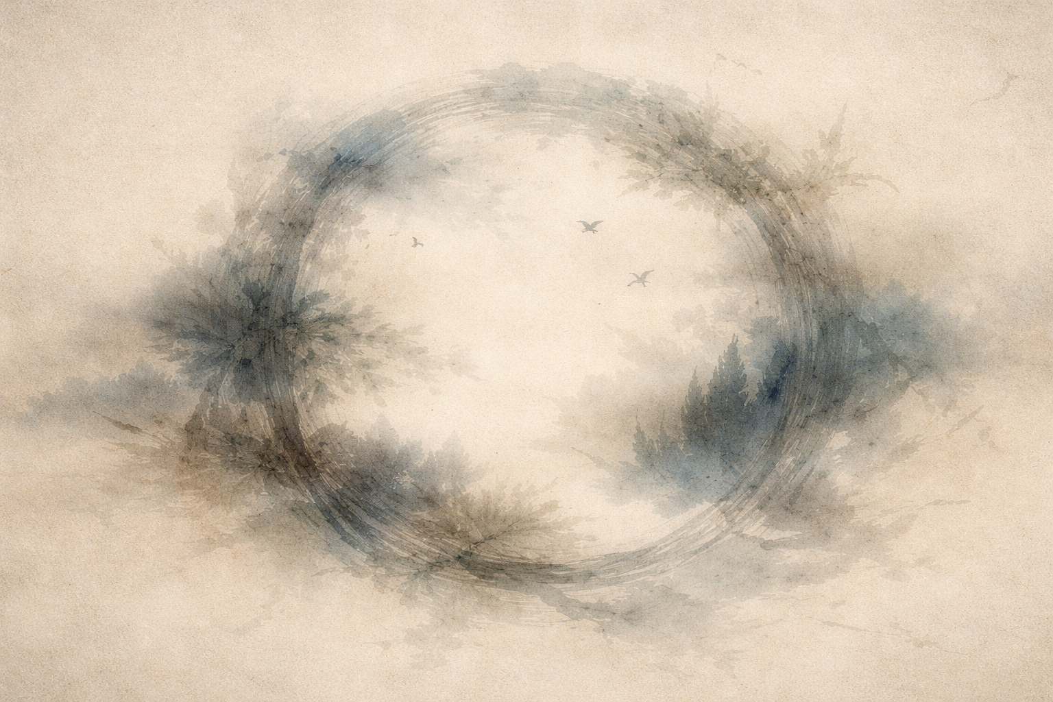 A soft circular ink form surrounds a quiet natural landscape with trees and distant birds—symbolizing the cycle of life, impermanence, and the continuity of existence beyond death.