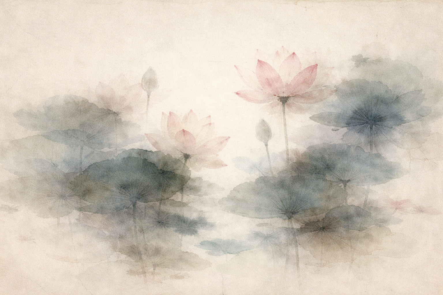 霧の中にやわらかく咲く蓮の花が描かれている。苦しみの中から生まれる慈しみや、悲しみの中にある静かな癒しの可能性を象徴している。