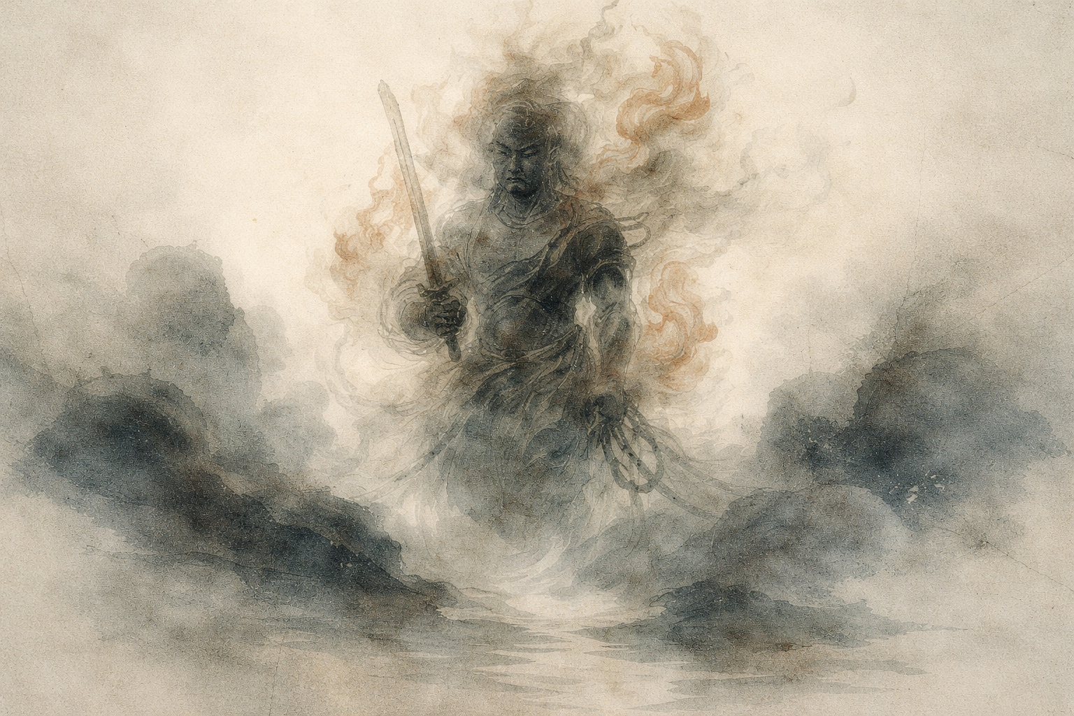 Wrathful Buddhist guardian emerging from swirling mist holding a sword, symbolizing how craving and attachment ignite inner turmoil and lead to suffering in Buddhist teaching.