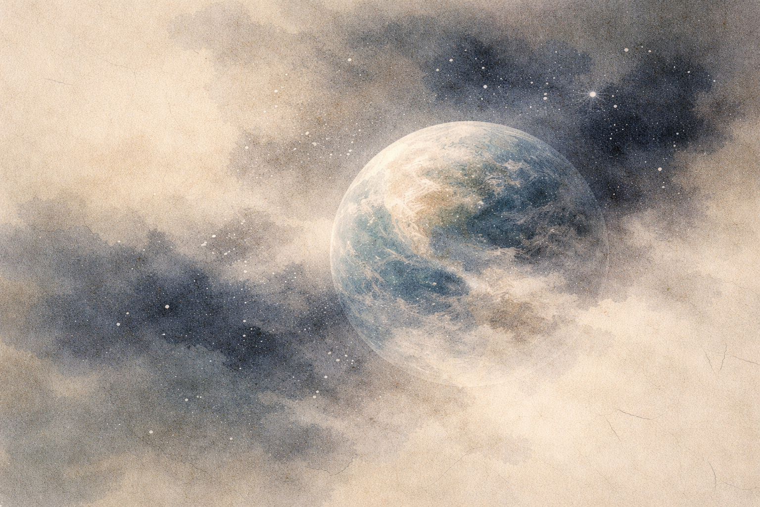 A distant planet emerging through drifting clouds and starlight, symbolizing how craving in digital life can feel vast and endless, pulling attention outward while subtly distancing us from the present moment.