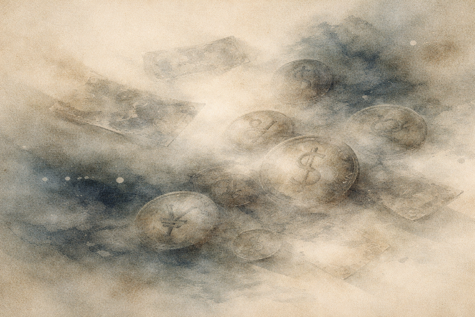 Faint images of coins and paper money emerging from mist, suggesting how desire begins subtly in the mind, gradually taking form and gaining emotional weight as attention gathers around it.