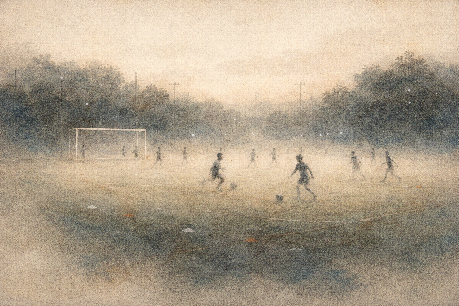Children playing soccer together on a misty field, symbolizing how events arise through many conditions, reflecting the Buddhist idea that problems are shaped by interconnected causes rather than isolated factors.
