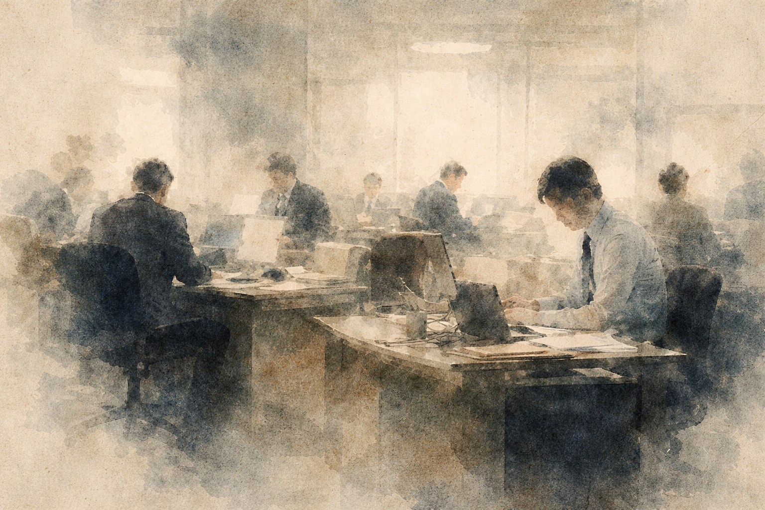A watercolor-style illustration of several office workers sitting at desks in a quiet, hazy workspace, focused on their computers, symbolizing mental fatigue, routine pressure, and the exhaustion that can carry from work into family life.