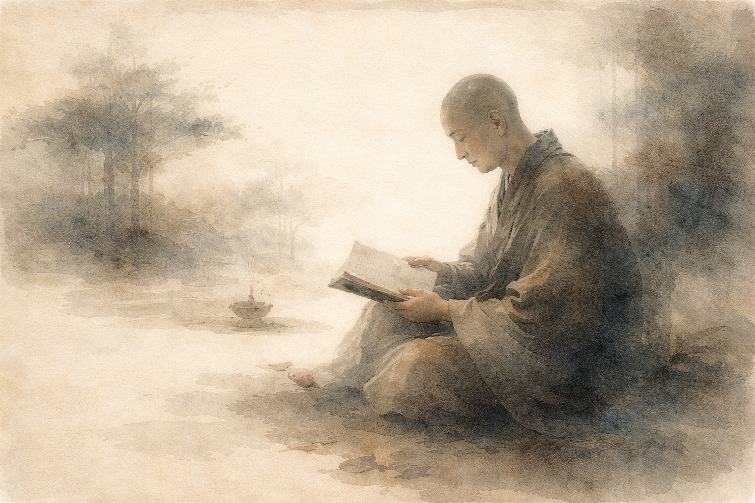 A watercolor-style scene of a monk sitting quietly while reading a book beside a small incense burner, surrounded by a soft, misty forest landscape, symbolizing quiet study, contemplation, and the supportive role of tools that encourage meditation and reflection.