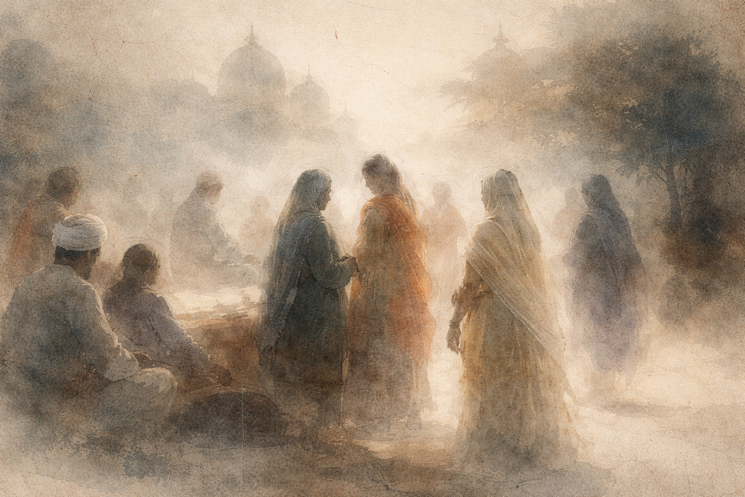 A group of people gathered in soft mist, engaged in quiet interaction, symbolizing how ethical awareness guides communication and behavior, reflecting how the Five Precepts can inform mindful participation in modern social spaces.