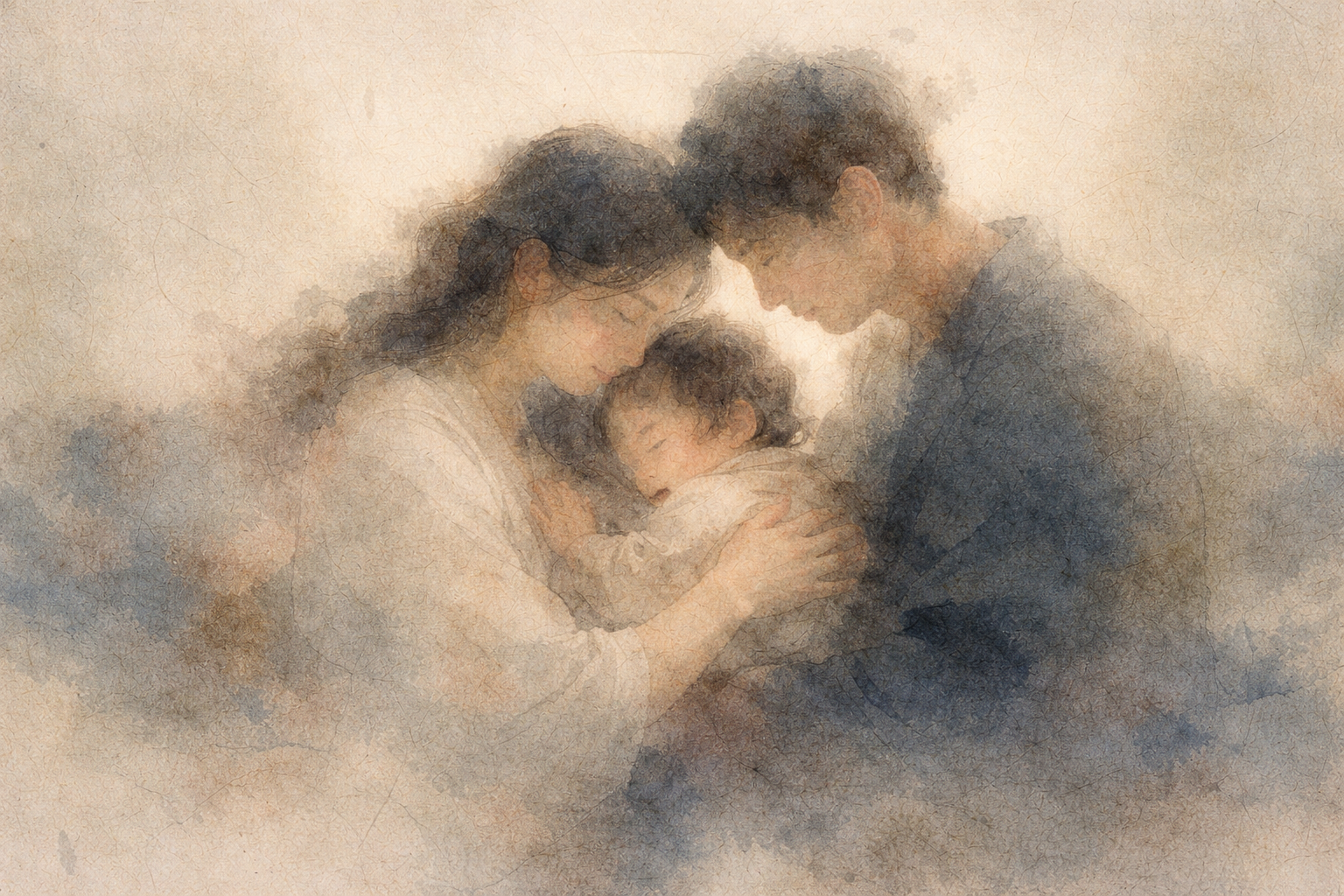 A watercolor-style illustration of two parents gently embracing a sleeping child between them, their heads touching in a quiet moment of tenderness, symbolizing repair, humility, and the loving bond within a family.