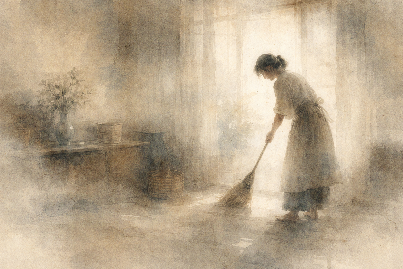 A soft watercolor-style illustration of a woman quietly sweeping the floor in a sunlit room, surrounded by simple household objects, symbolizing mindful attention and the quiet practice of changing everyday habits.