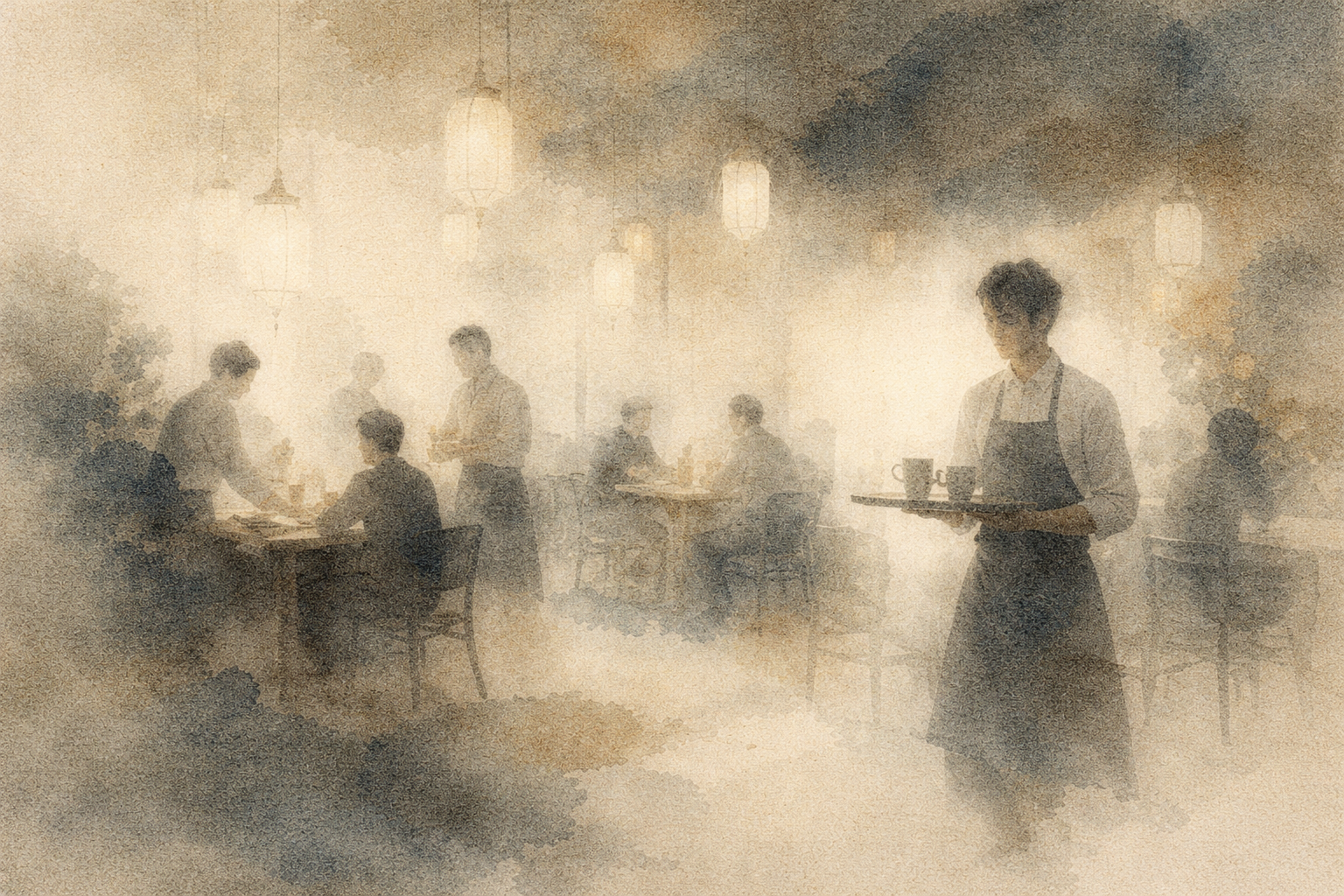 Calm café scene with soft lighting and people moving gently through daily activity, symbolizing mindful breathing as a way to find steadiness amid feeling overwhelmed.