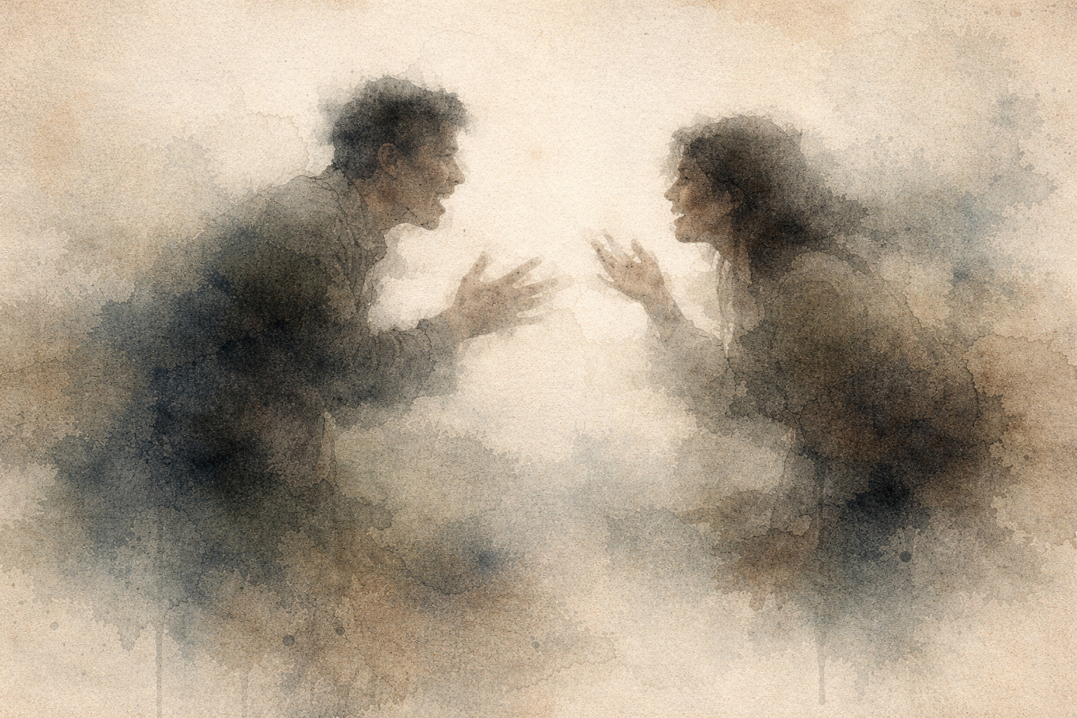 感情的なやり取りをする二人の姿がやわらかな霧に溶け込む様子。眠る前に身体の緊張を落ち着かせ、心の高ぶりを静める大切さを象徴している。