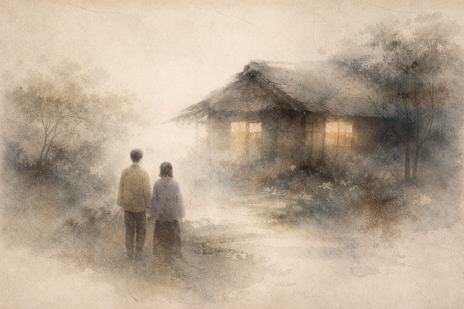 A soft watercolor scene of two people standing together outside a warmly lit home surrounded by mist and trees, symbolizing the quiet intention of creating a simple, peaceful Buddhist space at home.