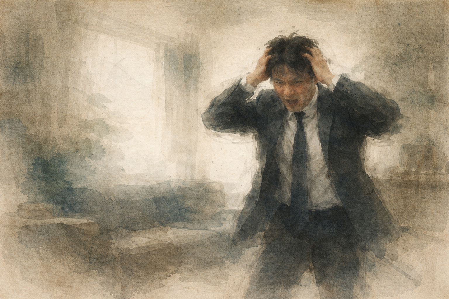 A stressed office worker clutching his head in frustration inside a blurred workplace—capturing the emotional intensity of dealing with a difficult boss.