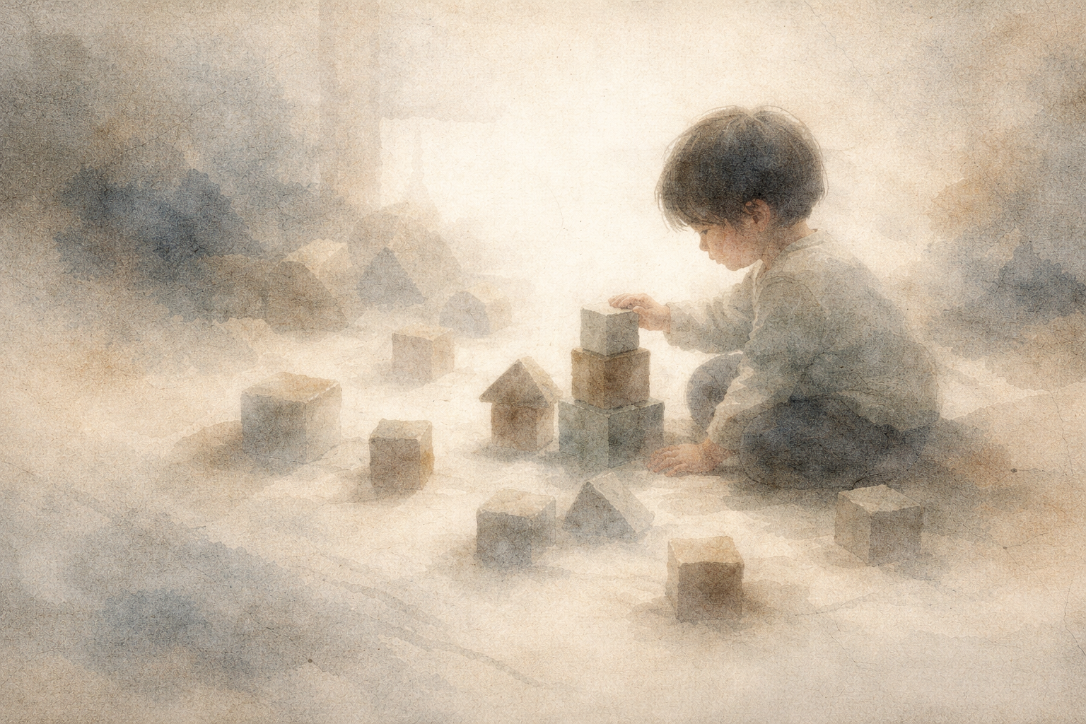 A watercolor-style illustration of a young child sitting on the floor carefully stacking wooden blocks into small towers and shapes, surrounded by a soft, misty background, symbolizing patience, learning through guidance, and gentle discipline without shame.