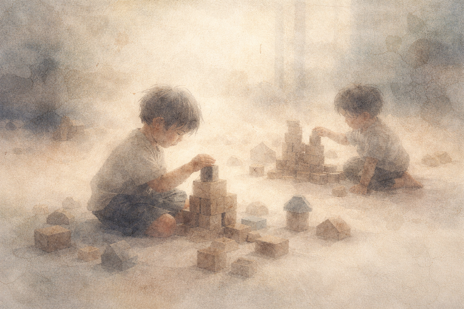 A soft watercolor-style illustration of two young children quietly building small structures with wooden blocks on the floor, bathed in gentle light, symbolizing patient guidance, independence, and allowing growth without force.