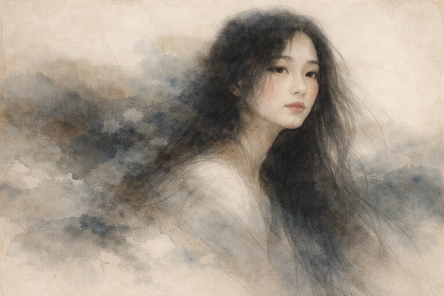 A soft watercolor-style portrait of a woman with long flowing hair, gazing gently toward the viewer, surrounded by muted, mist-like textures, symbolizing calm awareness, compassion, and the ability to stay grounded without shame in difficult public moments.