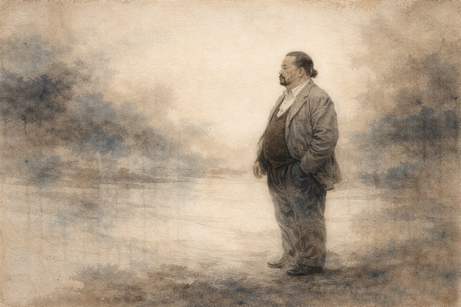 A solitary man stands quietly in an open, misty landscape, gazing into the distance—suggesting calm detachment, reflection, and the balance between letting go and staying emotionally present.