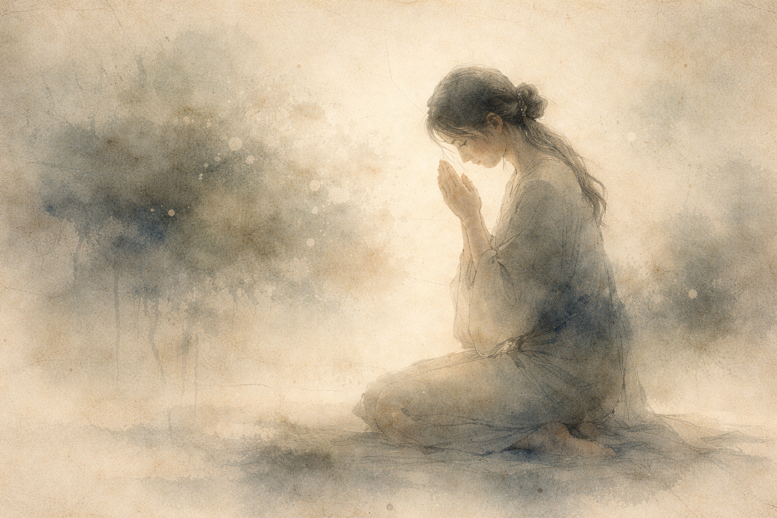 手を合わせて静かにひざまずいている女性を描いた水彩風のイラスト。やわらかな霧のような背景が、反応する前に立ち止まる心の余白や、落ち着いた気づきを象徴している。