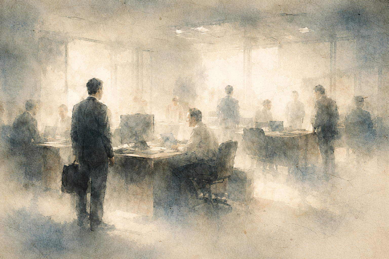 A watercolor-style illustration of a busy office with several people working and standing among desks, bathed in soft, hazy light, symbolizing the mental load of the day and the transition from work stress toward reconnecting at home.